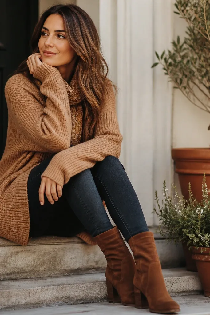 Warm-toned outfit: camel long knit sweater, dark jeans, and brown boots; a small scarf in tan/brown tones is visible.