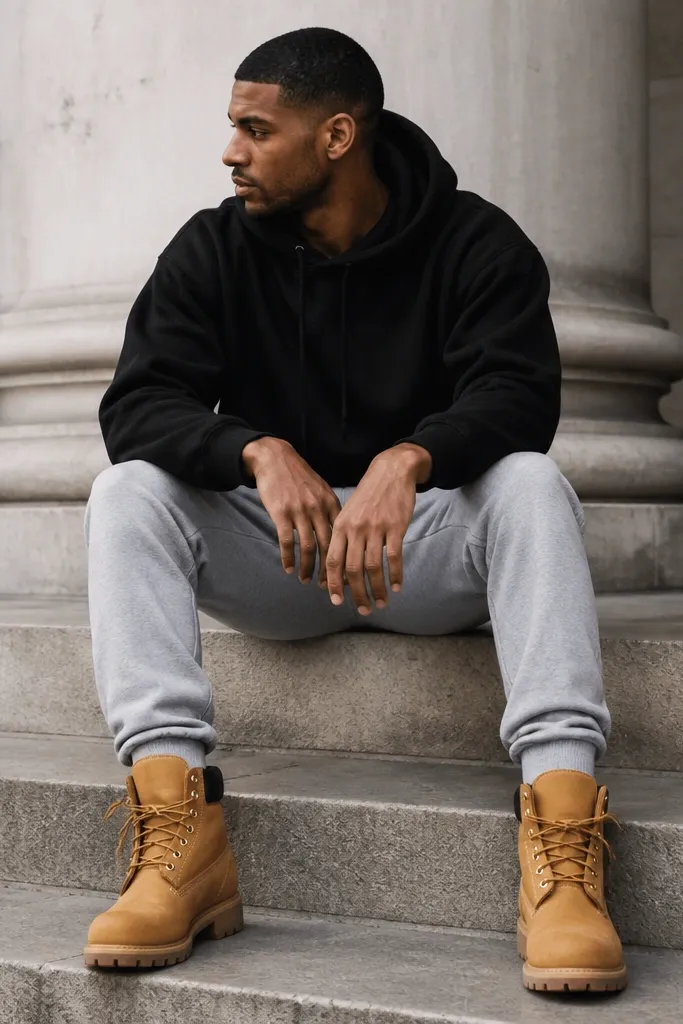 Streetwear-style photo: black hoodie, heather grey joggers, and tan boots; simple watch and clean sneakers are not present - only boots.
