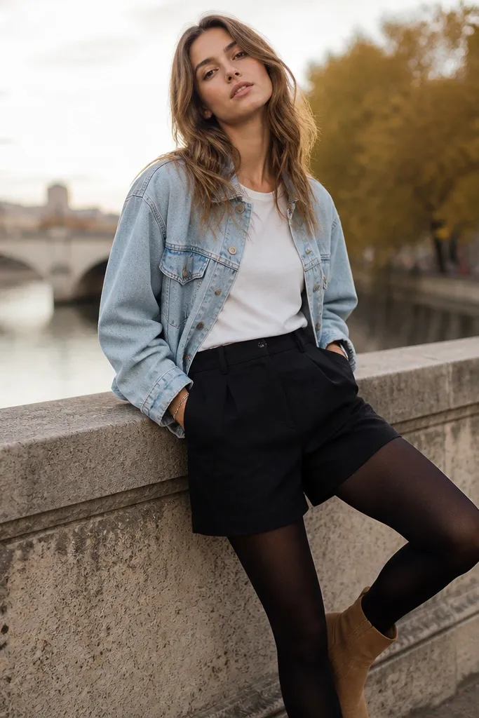 Outfit: light wash denim jacket over a plain tee, dark tailored shorts, black tights, and tan boots.