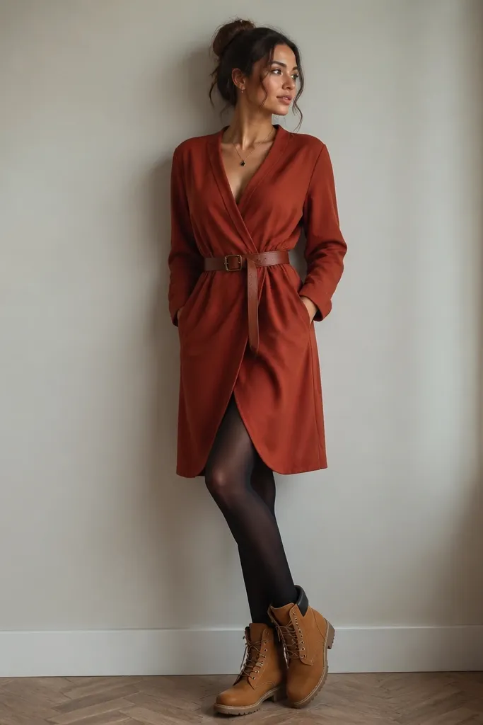 Person wearing a rust wrap dress, black tights, and brown Timberland-style boots; the dress is belted at the waist.