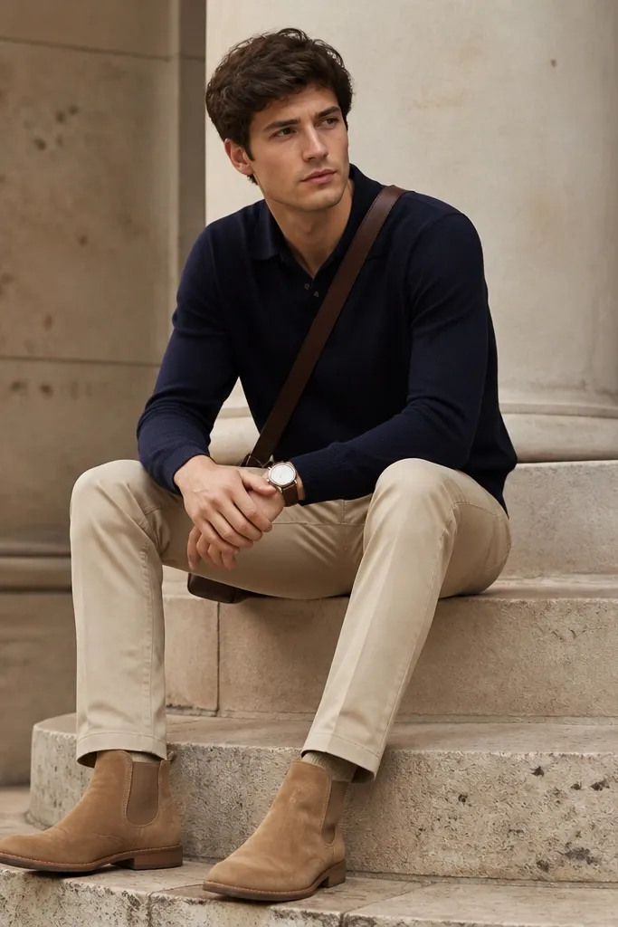Outfit photo: navy sweater polo, light khaki bottoms, and tan boots; a watch and crossbody bag are visible.