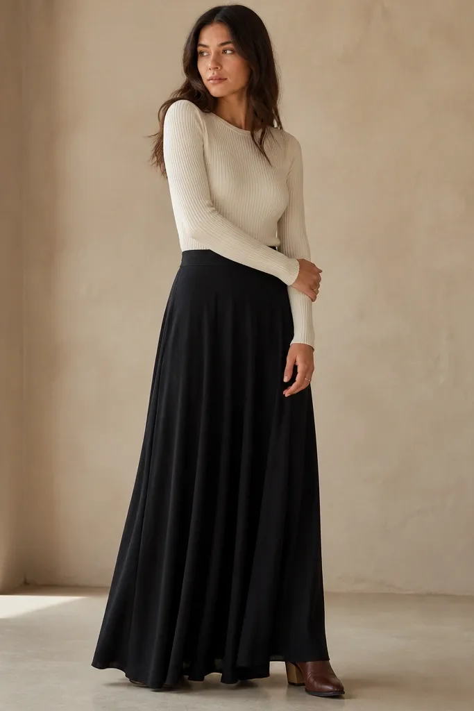 Person wearing a black flowy maxi skirt, cream ribbed knit top, and brown boots; skirt drapes over the boot area.