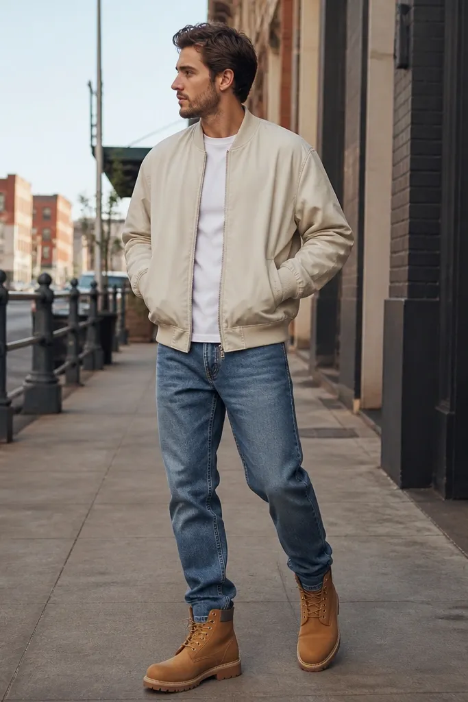 Weekend-ready outfit: cream bomber jacket over a tee, blue jeans, and tan Timberland-style boots; hands in pockets look casual.