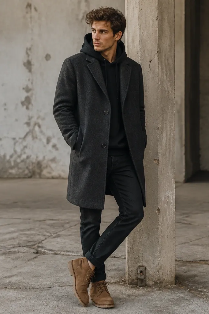 Person wearing a charcoal wool-look coat over a dark hoodie and dark jeans, with tan boots; coat collar is visible.