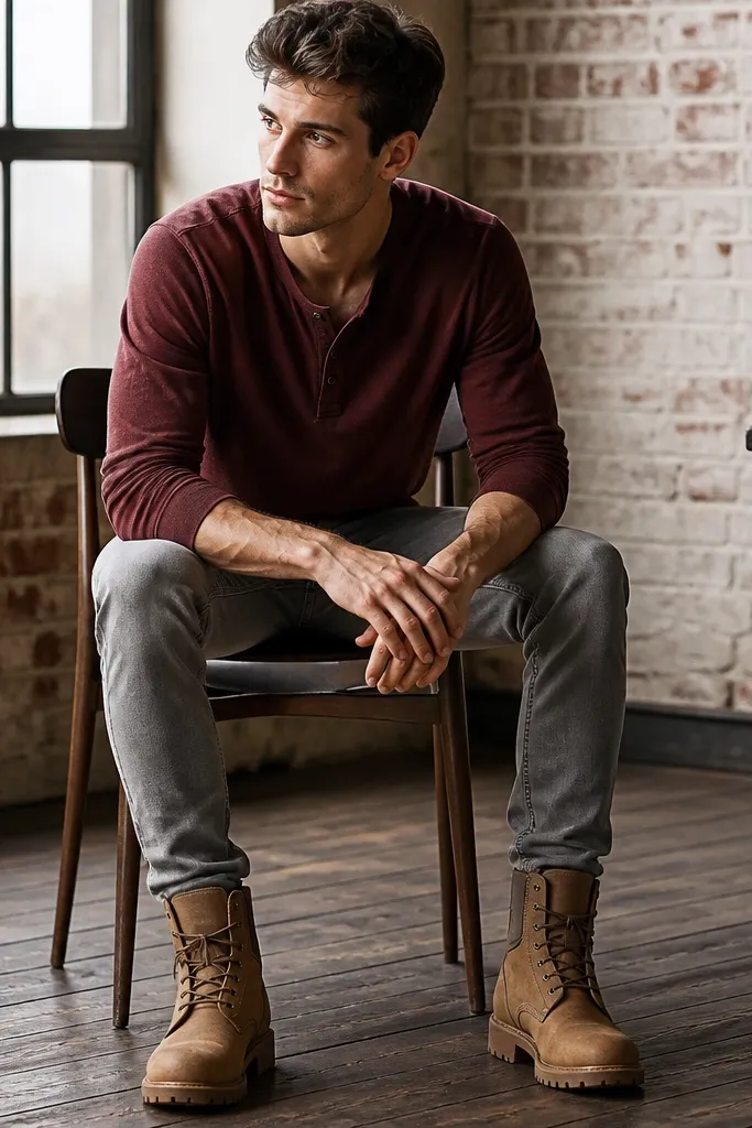 Outfit: burgundy long-sleeve henley, light grey jeans, and brown Timberland-style lace-up boots; sleeves slightly pushed up.