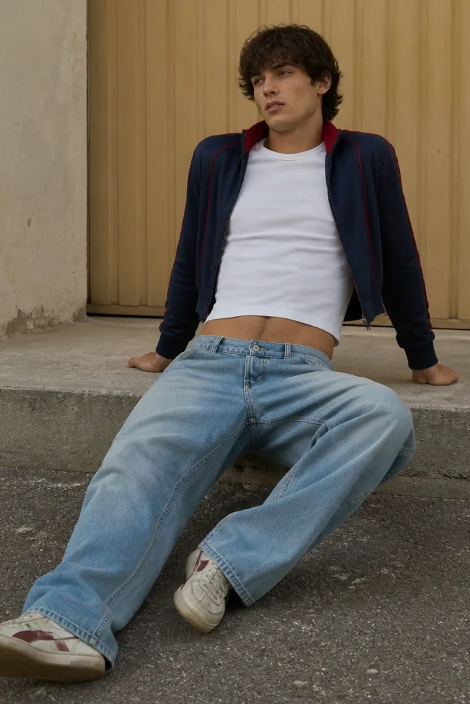 A man in a cropped track jacket (navy with red piping) over a fitted baby tee (white), with low-rise baggy jeans (light blue) and retro sneakers.