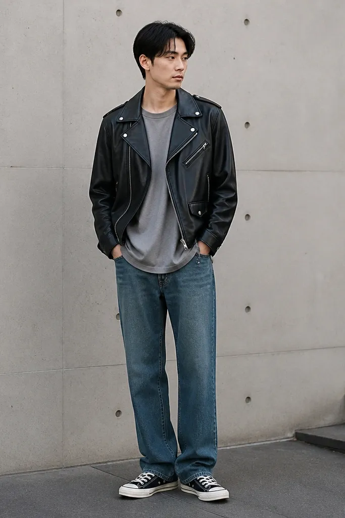 A man wearing a black faux-leather moto jacket with silver zippers over an oversized gray tee, paired with straight-leg jeans and black-and-white low-top sneakers.