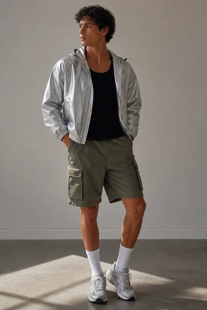 A man wearing a silver metallic windbreaker over a black tank, paired with olive cargo shorts and white crew socks with sneakers.