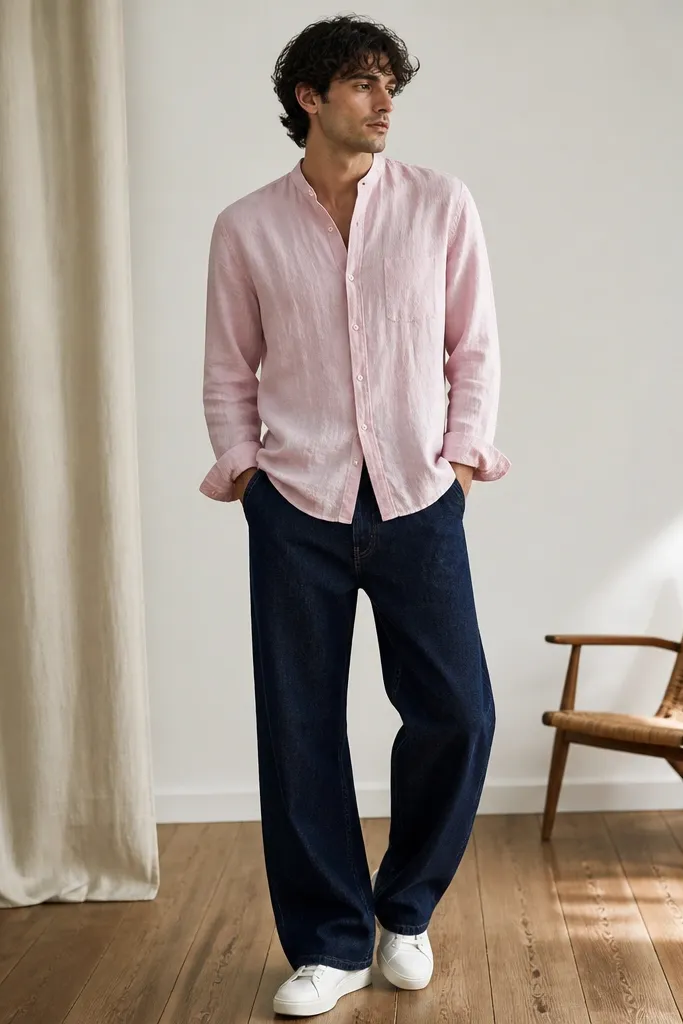 A man wearing a light pink, slightly ruffled button-up shirt with a short collar and loose fit, styled with wide-leg dark wash jeans and white sneakers.