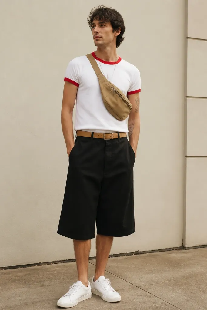A man wearing a red-and-white ringer tee with a slightly cropped fit, long black shorts, and a tan belt bag across the chest; white sneakers.