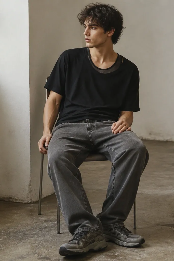 A man wearing a black crewneck tee with an additional thin strap layer underneath (like a simple mesh tank), plus baggy gray jeans and chunky sneakers.