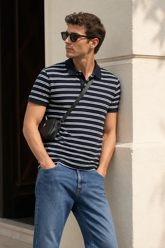 A man wearing a navy-and-white striped polo shirt, relaxed straight jeans in medium wash, and glossy black sunglasses; a small crossbody bag.