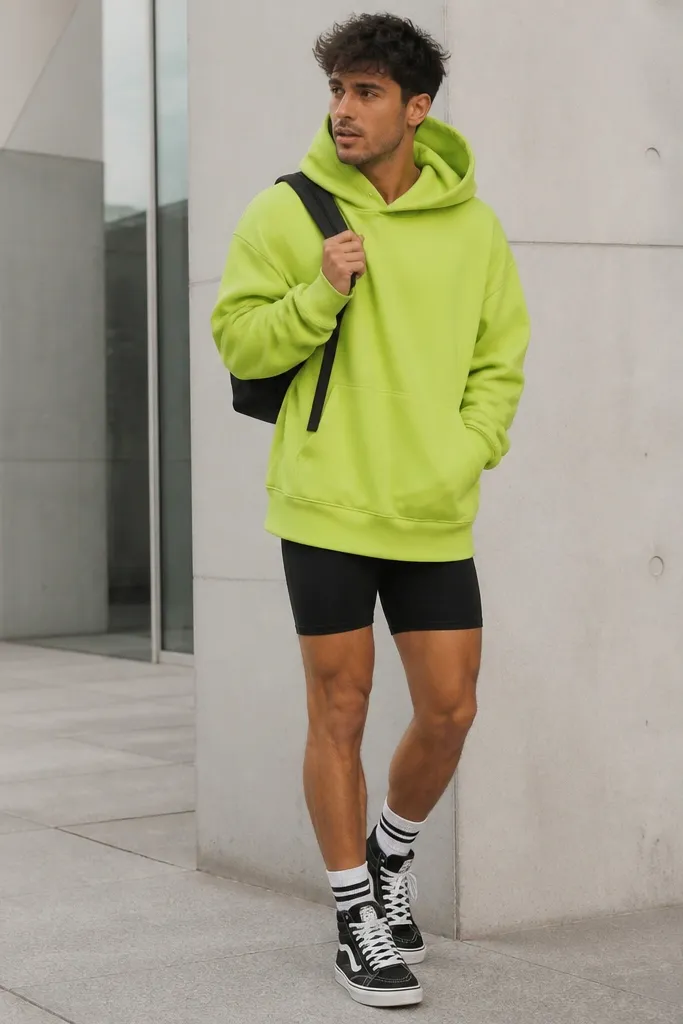 A man wearing a bright lime oversized hoodie over black bike shorts, paired with high-top sneakers and a mini backpack.
