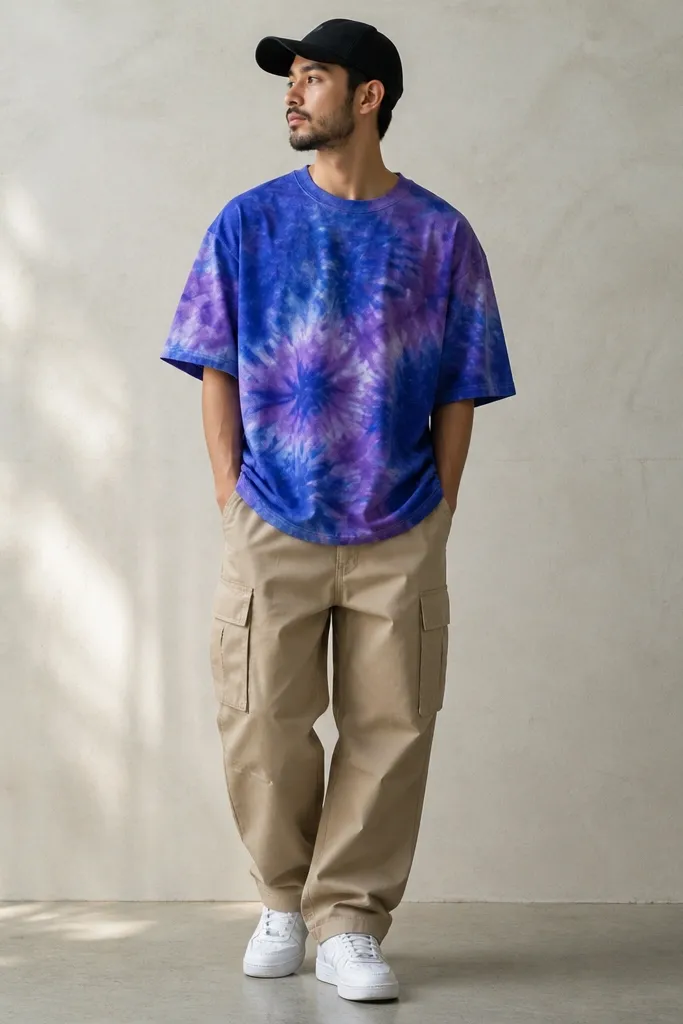 A man wearing a purple-blue tie-dye T-shirt with loose sleeves, paired with tan cargo pants and white sneakers; a black cap.