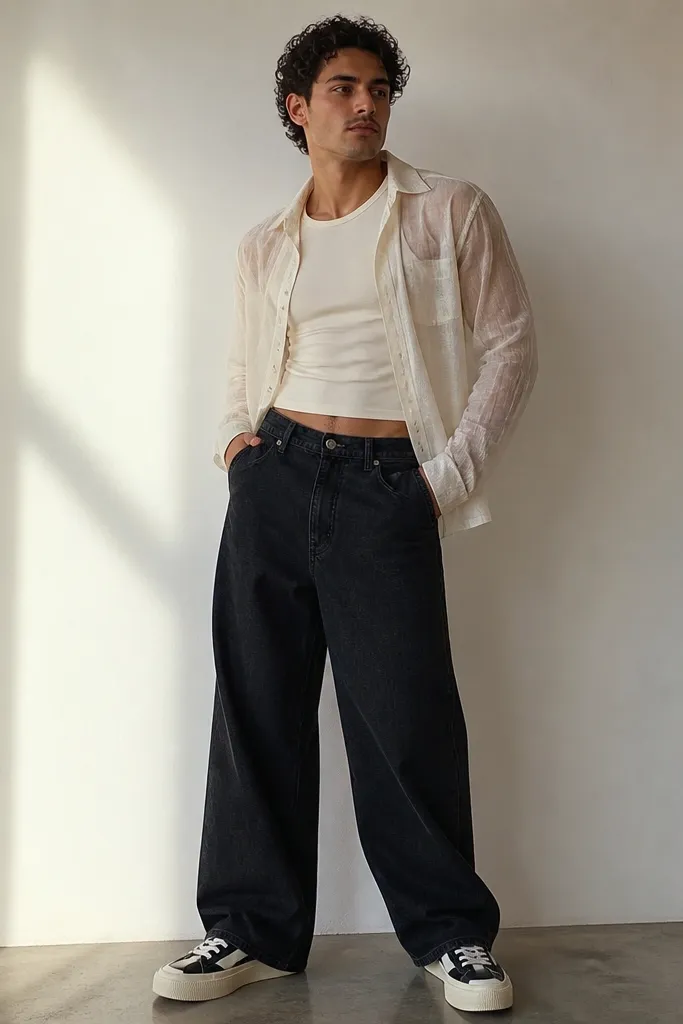 A man wearing a fitted baby tee (cream), layered under a lightweight sheer button-up overshirt, with wide-leg dark jeans and platform-style sneakers.