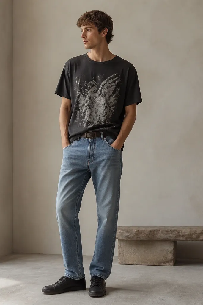 A man wearing a long graphic T-shirt worn slightly tucked at the front with a belt, paired with straight jeans and sleek low-profile sneakers.