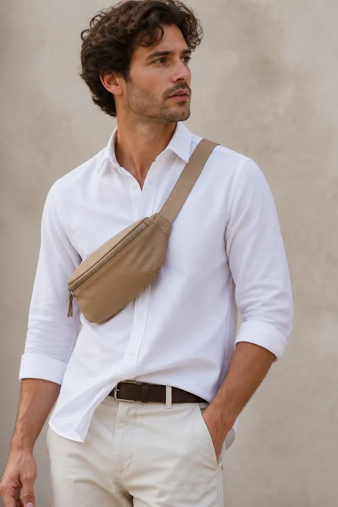 A white long-sleeve poplin shirt worn with sleeves rolled to mid-forearm. A tan belt bag is worn across the torso. The shirt hem is slightly untucked with a clean belt line and minimal wrinkles.