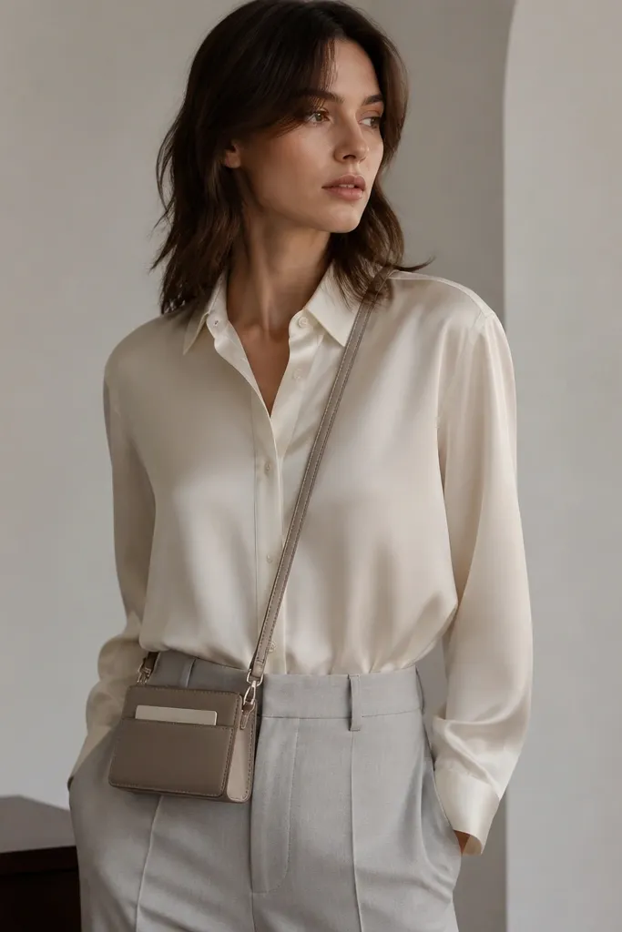 A cream long-sleeve silk-blend button-up with a subtle sheen. The top is tucked into light gray trousers. A small crossbody bag sits high on the waist with a visible slim card slot.