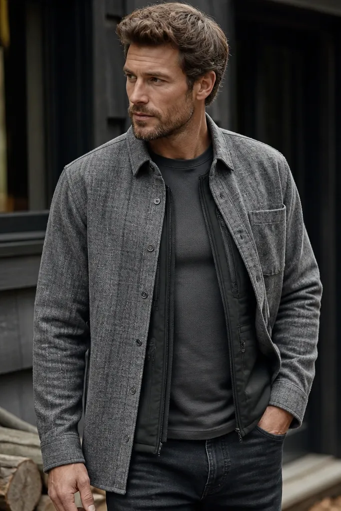 A heather gray flannel button-up worn open over a fitted base layer. Underneath is a sleek, low-profile organizer vest with zip pockets visible at the edges. Dark jeans complete the look.