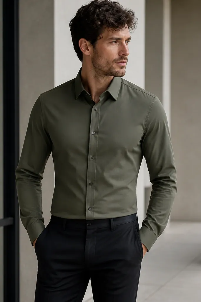 An olive green long-sleeve button-up with a clean front and subtle stretch. The shirt is fully tucked into black chinos. A small slim pouch is clipped inside the waistband area, not hanging outside.