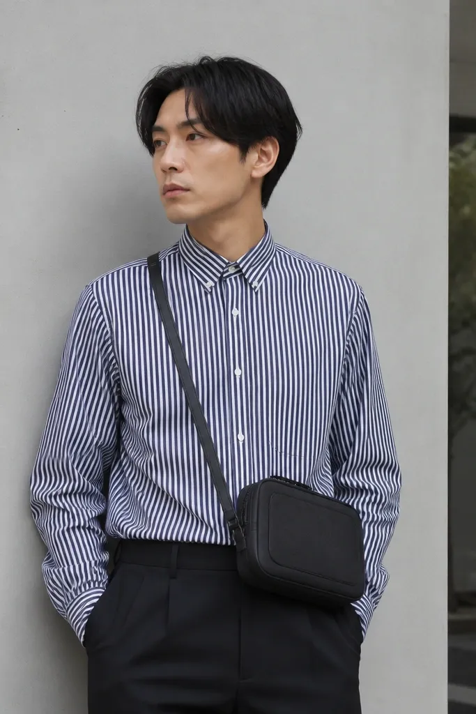A navy-and-white striped long-sleeve button-up worn buttoned at the top. The outfit includes dark trousers and a compact crossbody bag. The crossbody shows a tech pouch outline through a structured fabric.