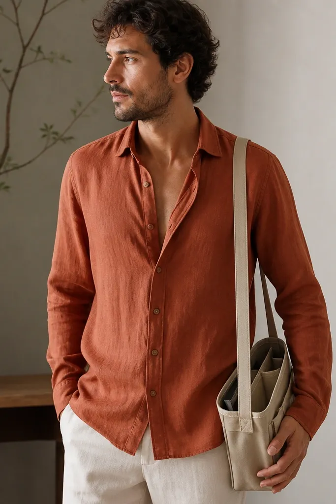 A terracotta long-sleeve linen button-up worn slightly open at the chest. The hem is untucked but neat. A lightweight shoulder bag with visible internal dividers hangs at the side.