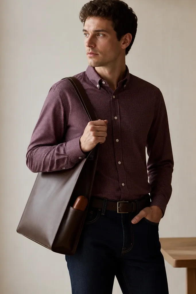 A burgundy microcheck long-sleeve button-up tucked into dark wash jeans. A tote with a side pocket holds a glasses case; the tote is structured and not slouchy.