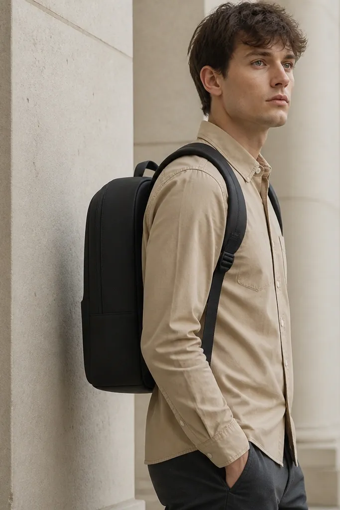 A sand beige long-sleeve button-up worn fully buttoned with sleeves down. The wearer carries a minimalist backpack with a rear laptop sleeve. The backpack sits high on the back, straps snug.