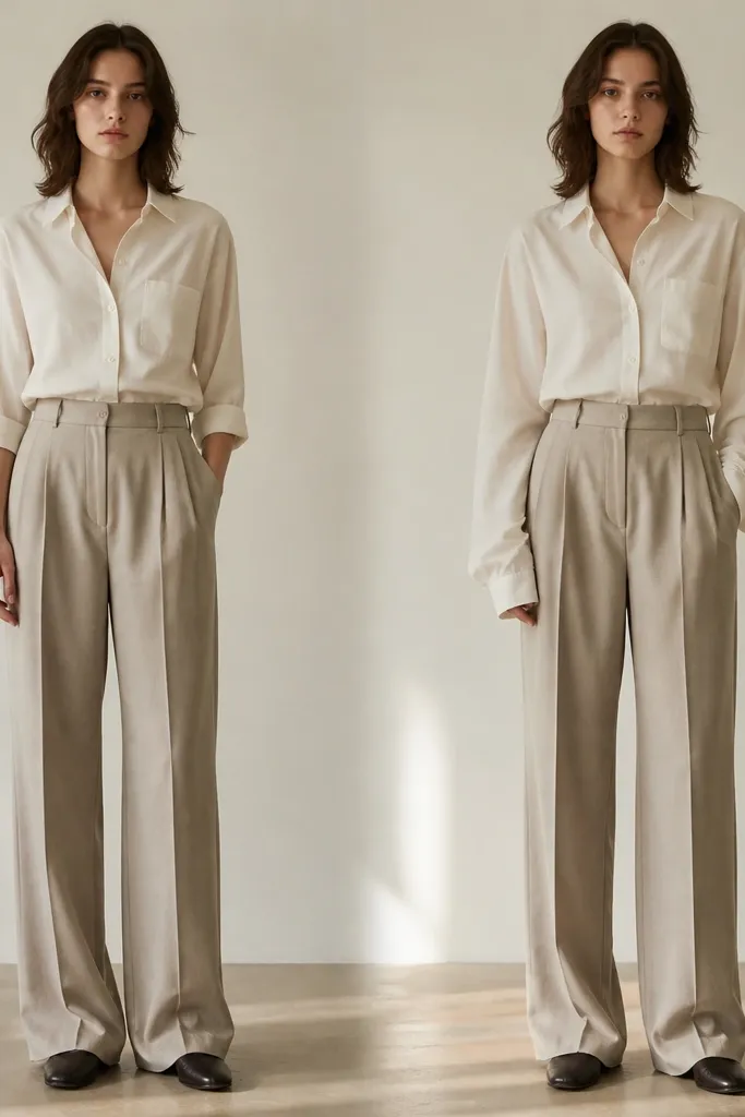 Two side-by-side outfits: left shows shirt sleeves stopping above the wrist bone; right shows sleeves bunching and pooling over the hand.