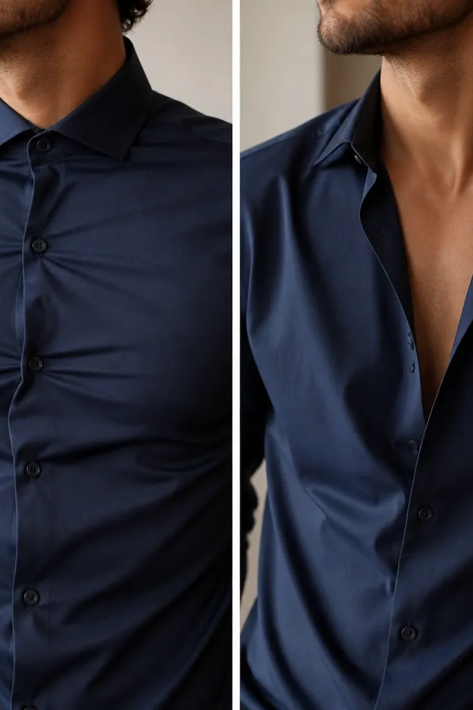 A close-up of a navy button up: top button is fastened but the fabric pulls across the chest; another photo shows the top buttons open with a deep V and sagging fabric.