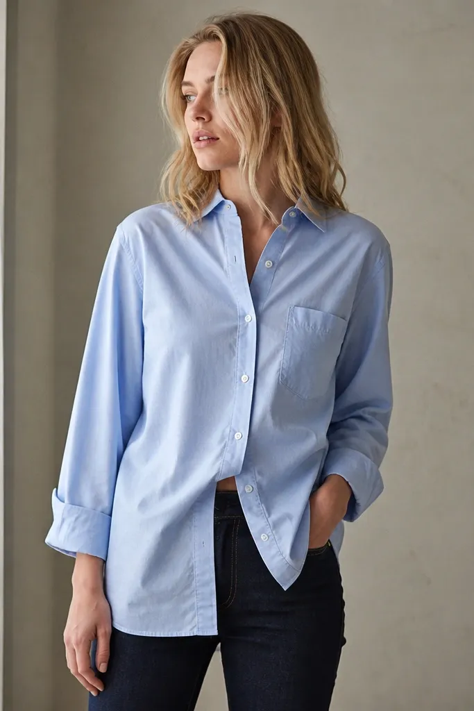 A light blue button up worn untucked over dark jeans; the hem sits mid-hip and the front rides up, creating uneven coverage.