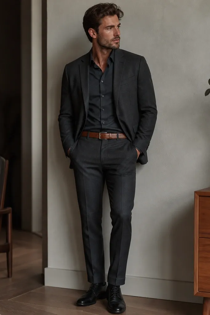 A brown belt paired with black shoes and a charcoal outfit; the belt looks mismatched in tone and finish.