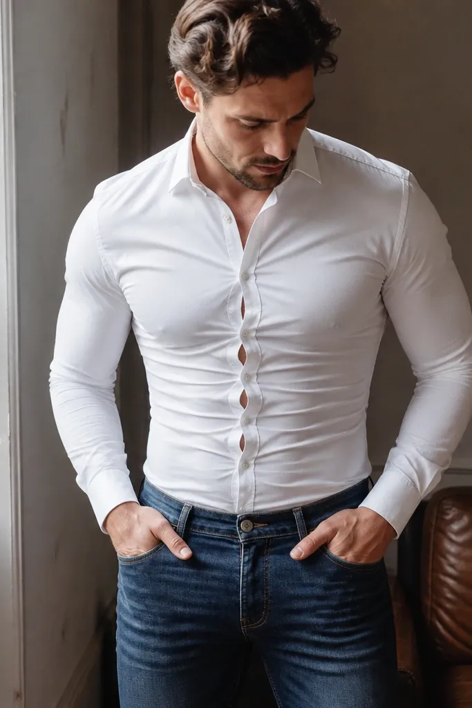 A fitted white button up tucked into skinny jeans; the shirt looks strained across the waist and the seams pull near the buttons.