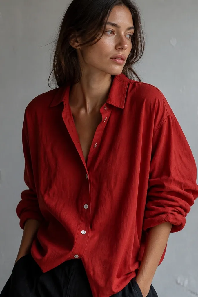 A red button up with cuffs rolled three or four times; the rolled fabric is thick and uneven, covering most of the forearm.