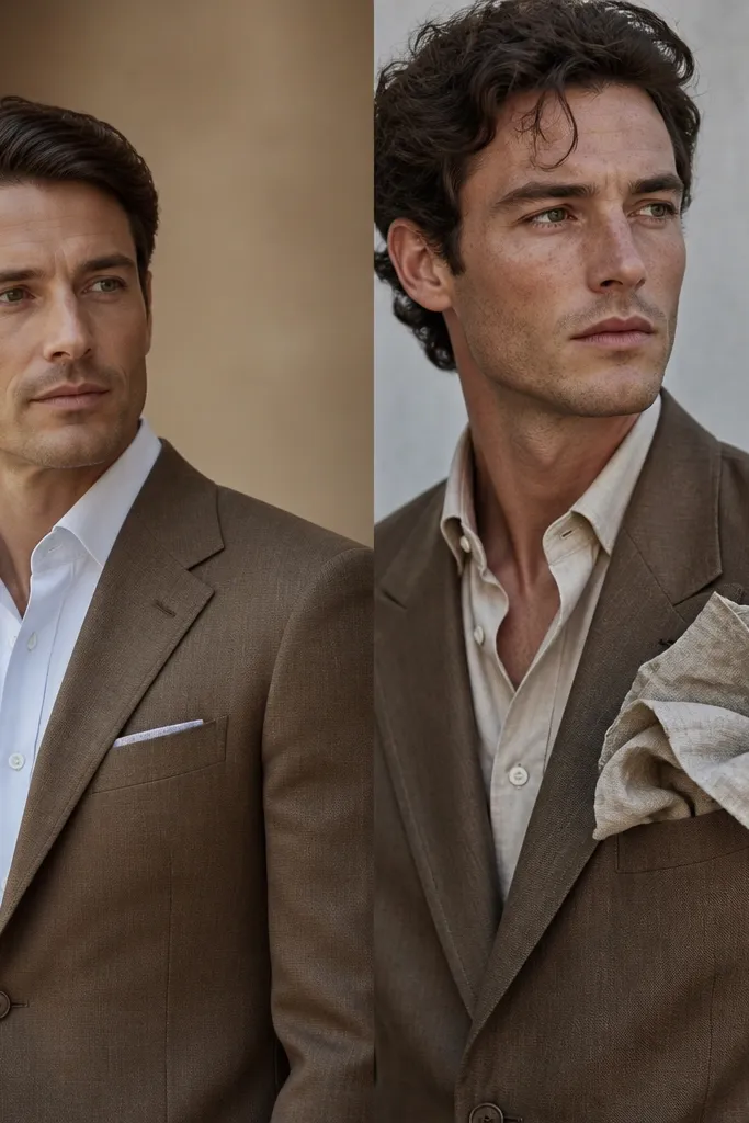 A button up blazer style: one photo has a tiny pocket square that disappears; another shows an oversized square sticking out with lots of texture.