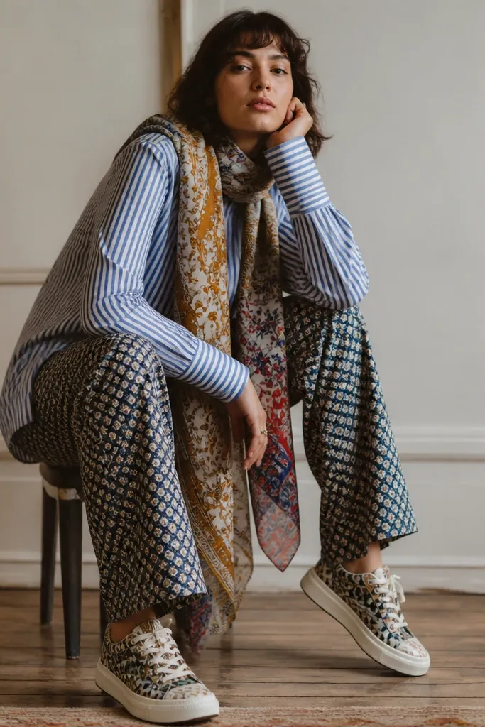 A striped button up paired with patterned sneakers and a patterned scarf; multiple prints compete across the outfit.