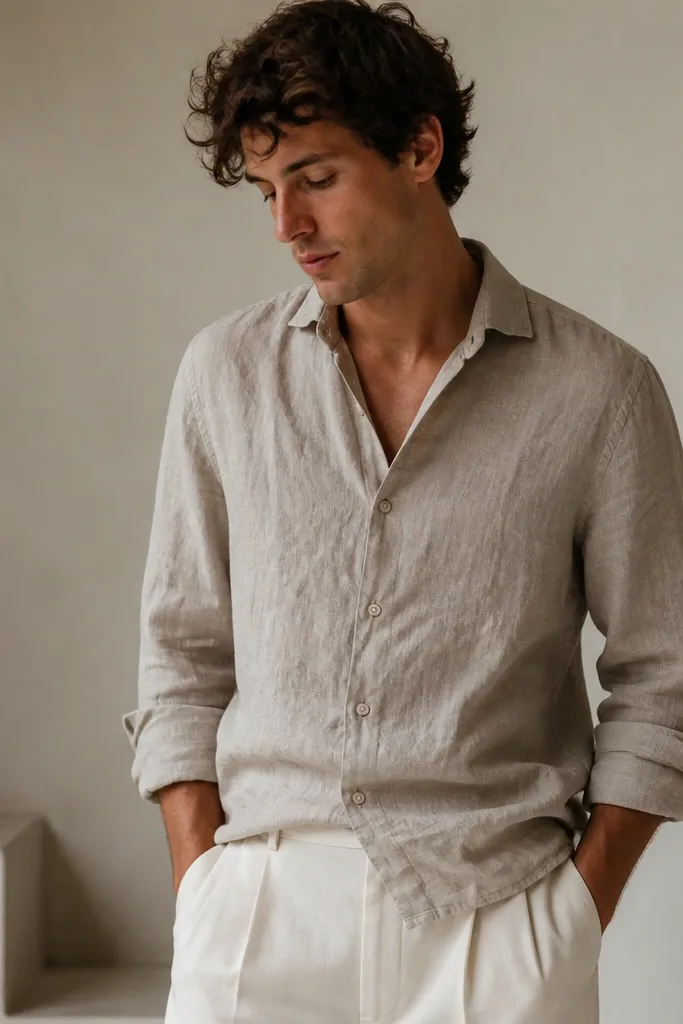 A linen-like button up with visible creases across the torso and sleeves; the outfit looks rumpled compared to crisp trousers.