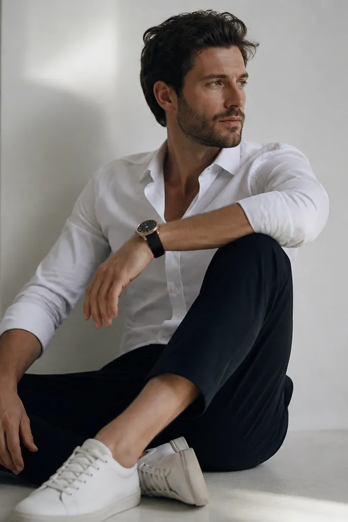 A crisp white button up with a casual rubber-sole sneaker and a too-formal watch; the contrast feels off.