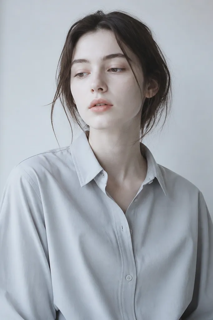 A pale complexion wearing a very cool-toned gray button up; the face looks washed out in the photo.
