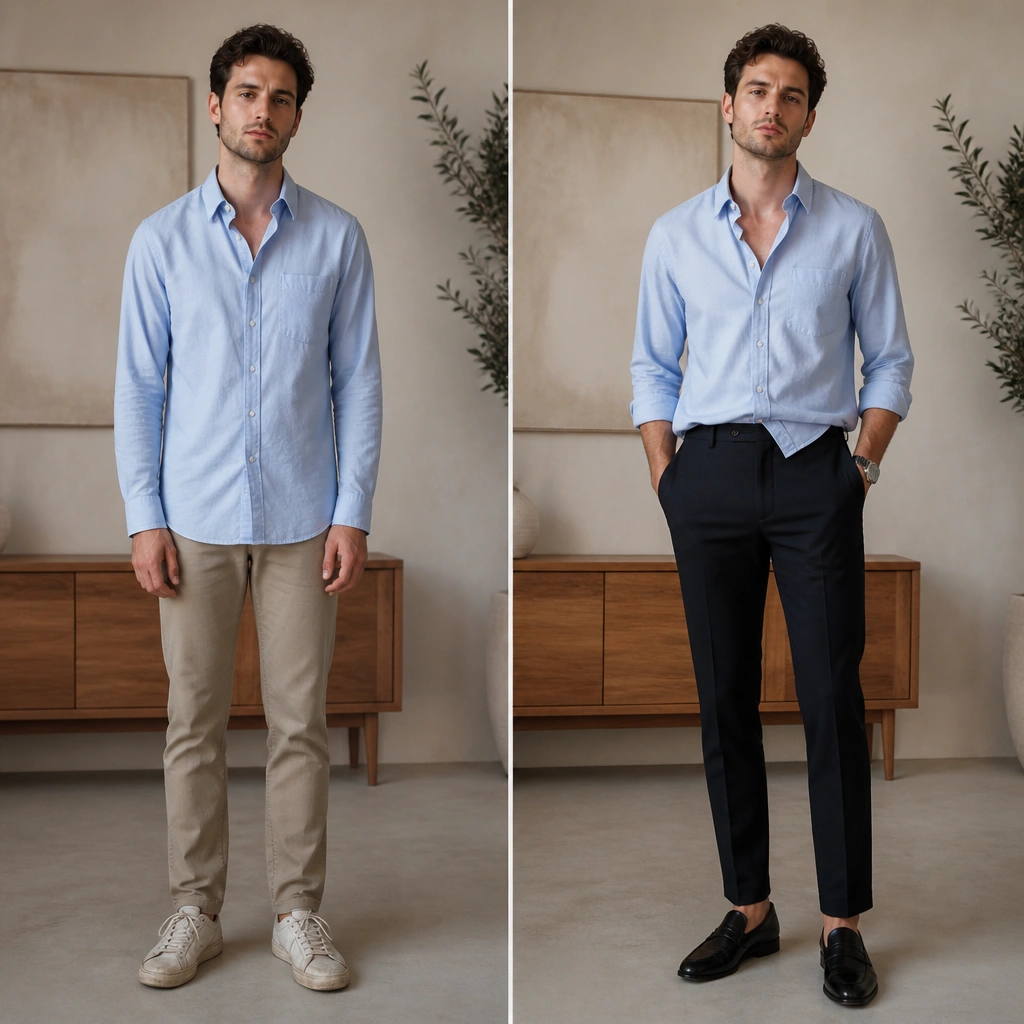Before: light blue oxford button-up left fully untucked over slim chinos with scuffed shoes. After: the same shirt half-tucked at the front, sleeves cuffed, dark chinos centered, and pointed-toe loafers in black.