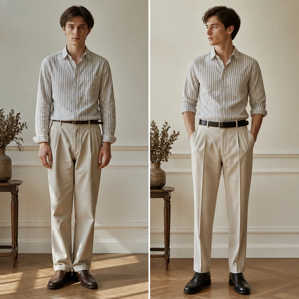 Before: striped button-up worn with a thin belt and wrinkled cuffs; trousers look slightly baggy. After: same stripe shirt with a thicker black belt, sleeves neatly rolled, and tailored pleated trousers; shoes are sleek leather oxfords.