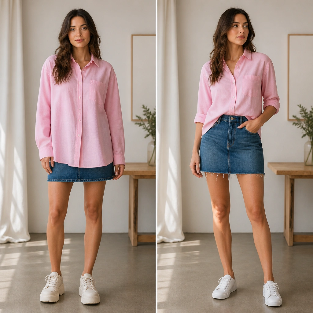 Before: pink chambray button-up worn loose over a denim skirt with bulky platform sneakers. After: French-tucked front, sleeves rolled, skirt hem visible, and clean low-profile white sneakers.