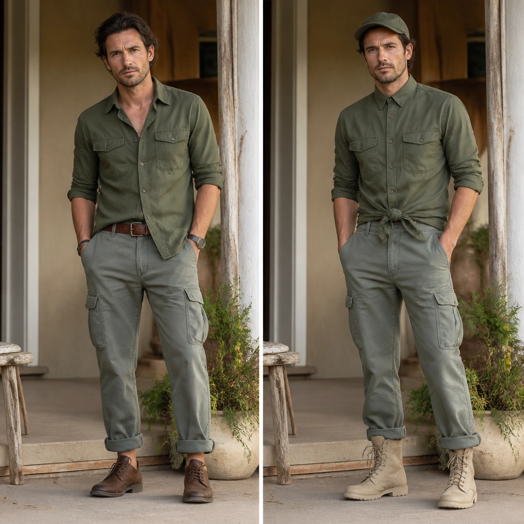 Before: green utility button-up worn with mismatched accessories and dull brown shoes; collar sits open and messy. After: collar buttoned, shirt slightly knotted at the waist, olive cap, and tan desert boots.