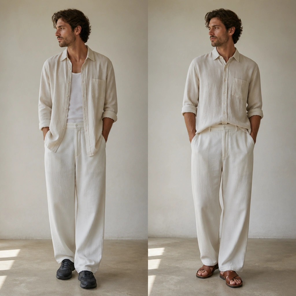 Before: cream linen shirt worn fully open with wrinkled length over wide-leg pants; footwear is dark athletic shoes. After: half-tuck at the front, top button closed, sandals in tan leather, and sleeves rolled.