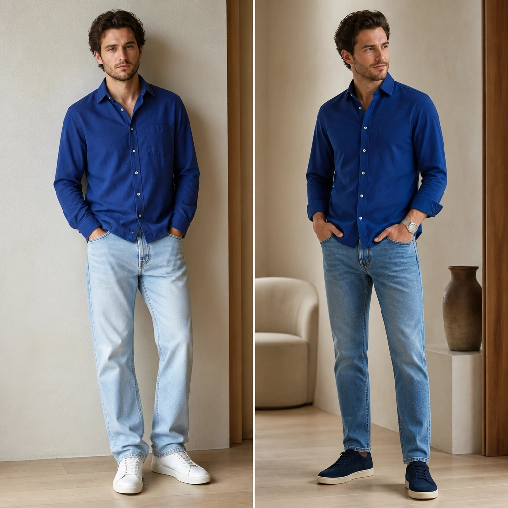 Before: cobalt button-up worn with light jeans and white sneakers; shirt collar looks collapsed. After: same shirt with collar pressed, straight jeans, and navy suede sneakers; sleeves cuffed.