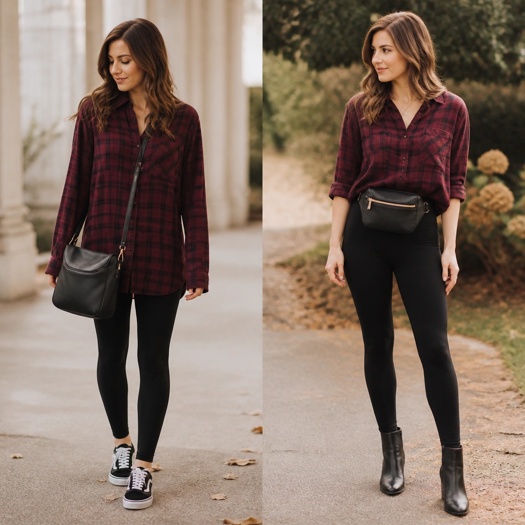 Before: burgundy flannel worn loose over black leggings with a crossbody bag that sits low. After: shirt partially tucked, sleeves rolled, and a belt bag worn higher at the waist with black ankle boots.