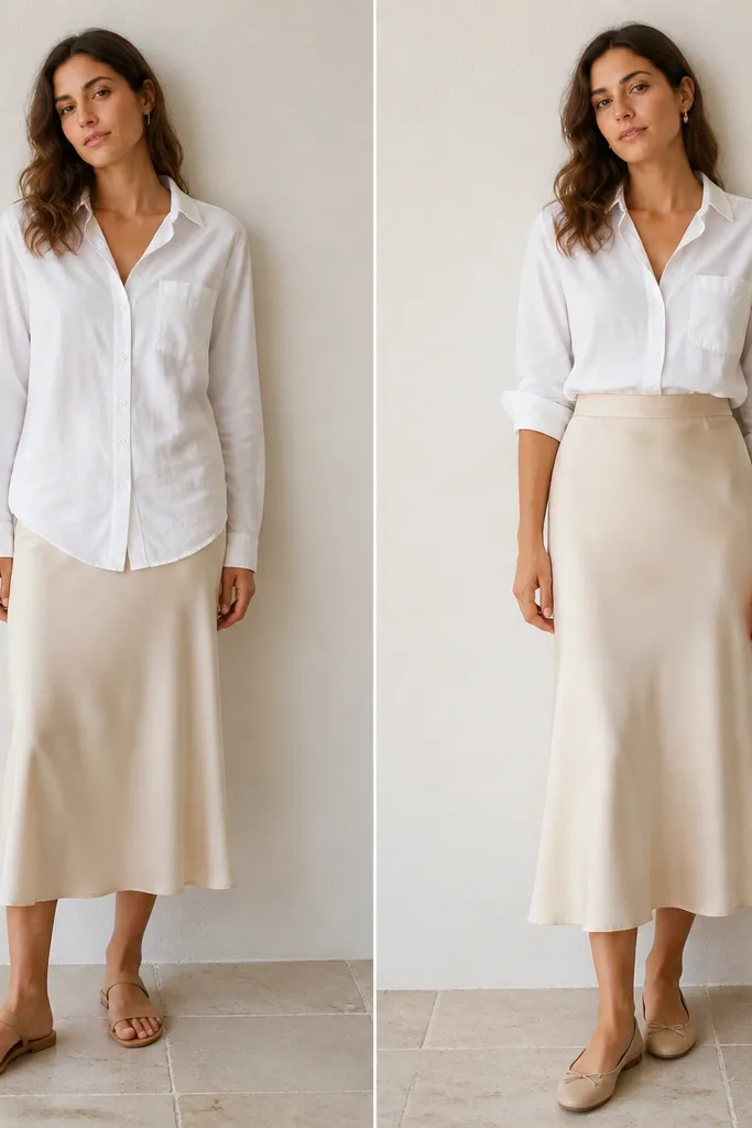 Before: white button-up worn untucked with a midi skirt and flat sandals; the shirt bunches at the sides. After: shirt tucked into the skirt waistband, one sleeve rolled, and nude ballet flats.