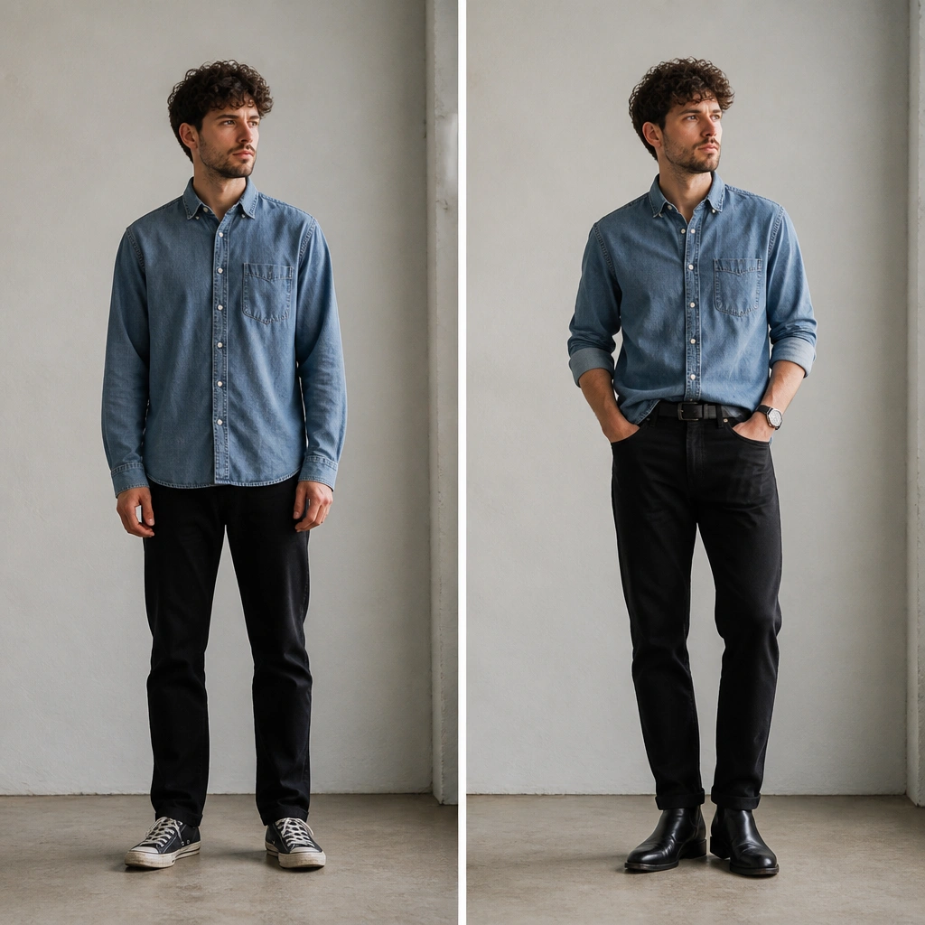 Before: denim shirt worn with long sleeves and no accessories; black pants look flat and shoes are worn-out sneakers. After: sleeves cuffed to a clean break, shirt slightly tucked at the front, and polished leather boots with a chunky watch.