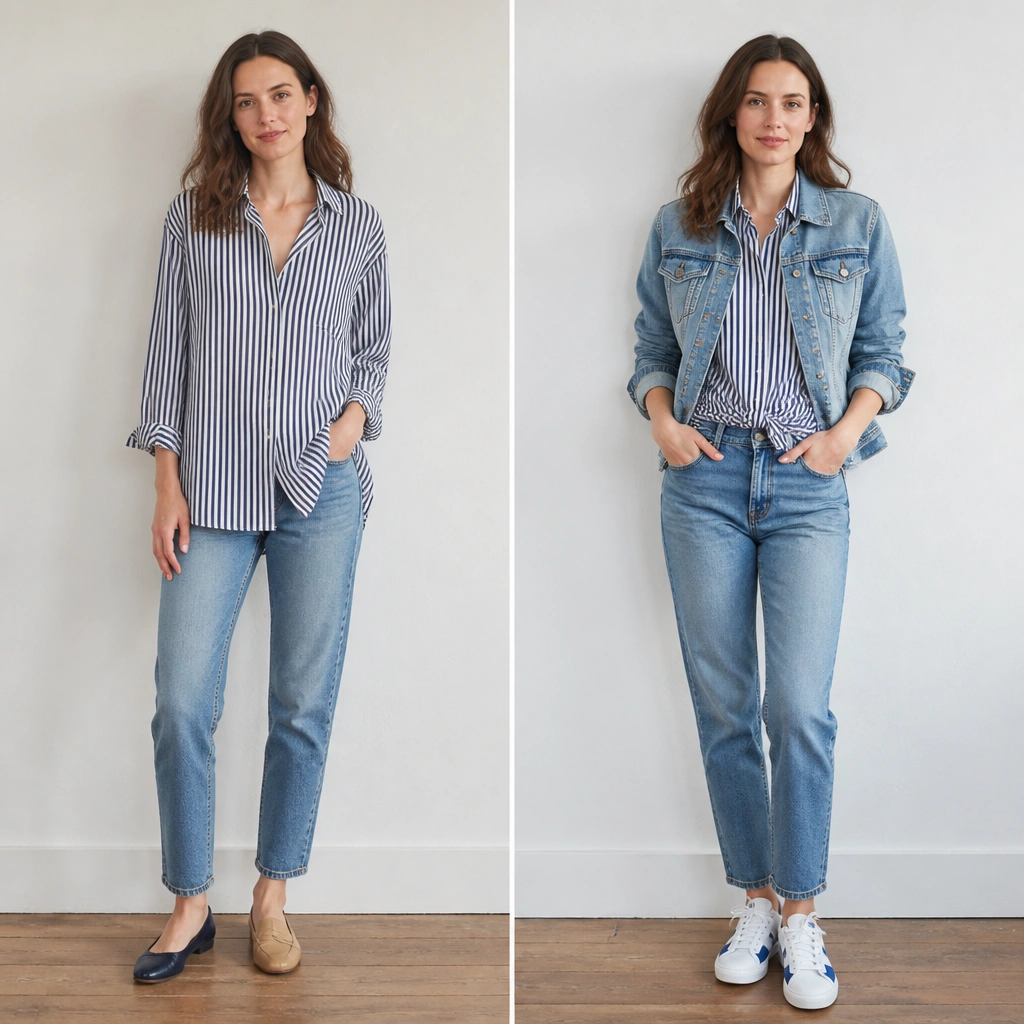 Before: striped shirt worn alone with mismatched shoes; collar is open and sits uneven. After: striped shirt with a light denim jacket layered, collar aligned, and white-and-blue sneakers; shirt hem is lightly knotted at front.