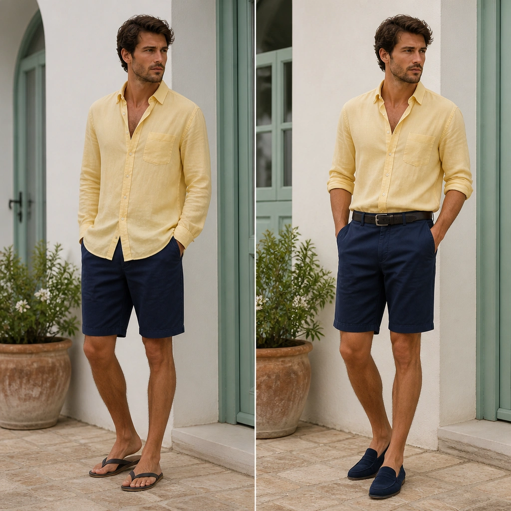 Before: yellow button-up worn loose over navy shorts with flip-flops; shirt looks too long. After: shirt hem shortened by tucking front, sleeves rolled, and navy loafers; a slim belt matches the shorts.